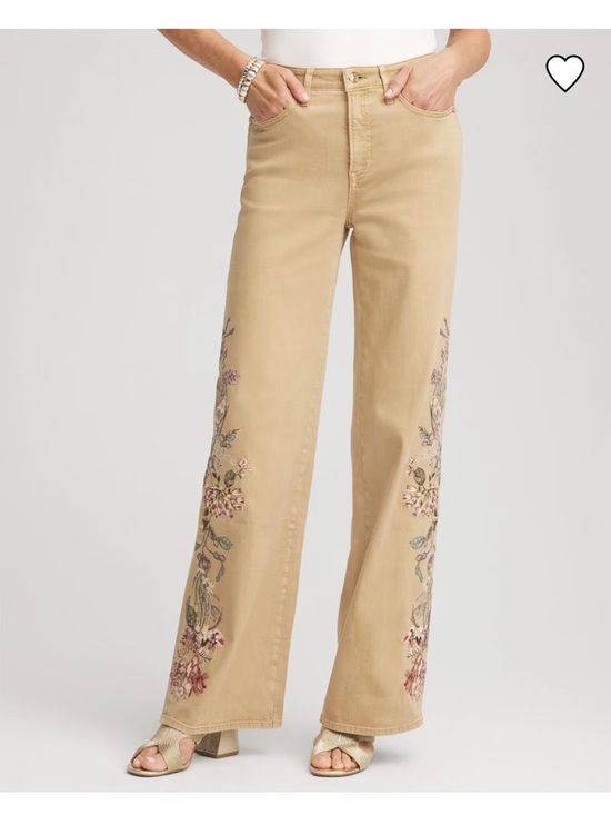 Chico's Denim - CHICO’S EMBROIDERED HIGH-RISE WIDE LEG JEANS BOHEMIAN FLORAL TAN COLOR SIZE 14R